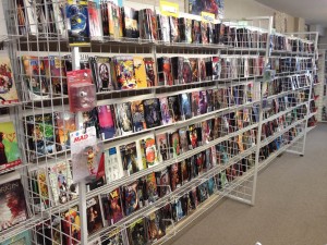 The rack at Stairway to Heaven Comics provides easy, uncrowded browsing for customers.