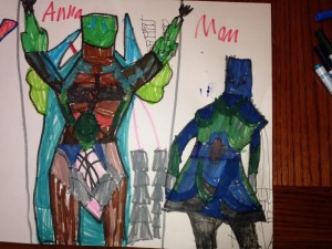 Warrior Women, by Anna. Note those aren’t square heads; the outfits have high necks, says Anna, for protection